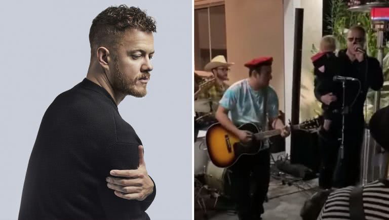 2 panel image of Imagine Dragons frontman Dan Reynolds and his performanc with a US garage band