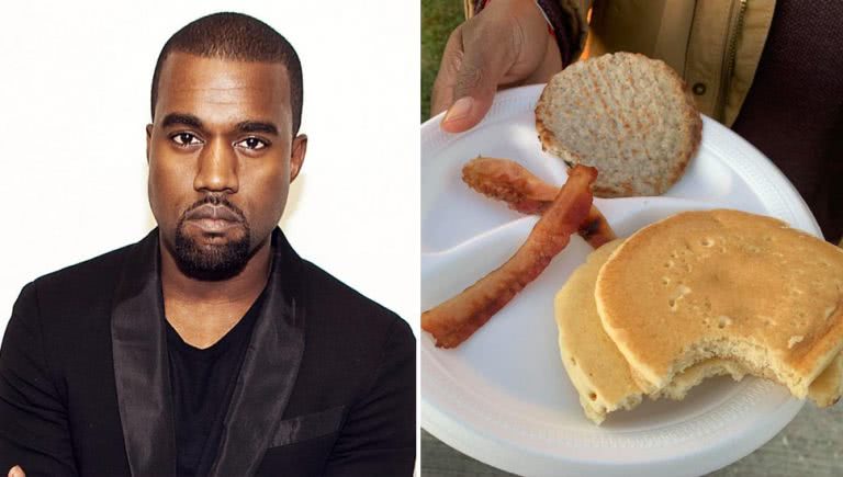 2 panel image of Kanye West and food offered up at his recent live appearance