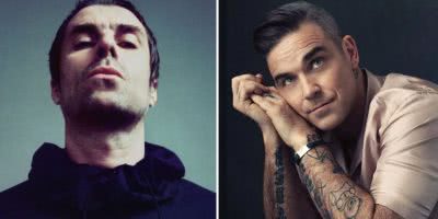 2 panel image of Liam Gallagher and Robbie Williams
