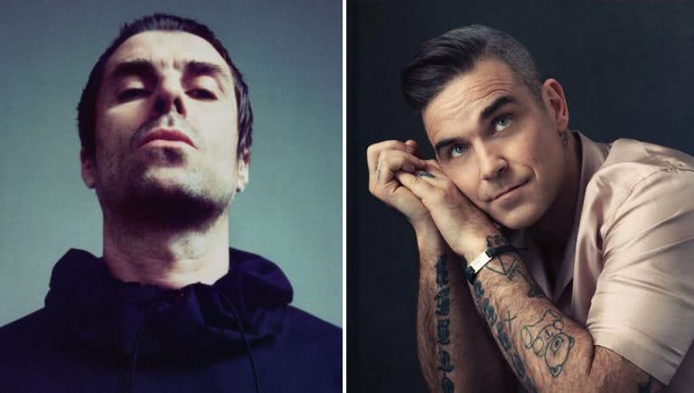 2 panel image of Liam Gallagher and Robbie Williams