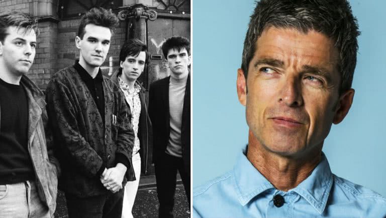 2 panel image of The Smiths and Noel Gallagher