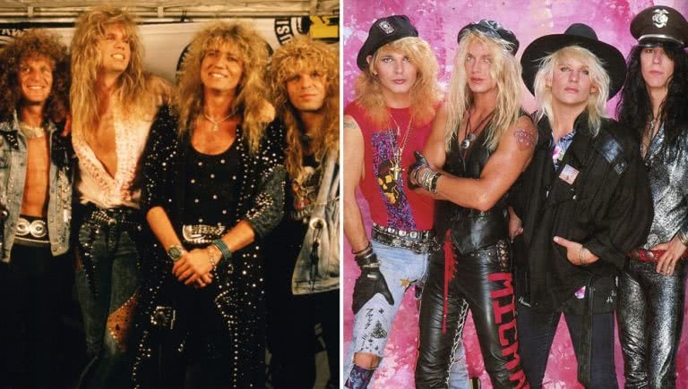2 panel image of Whitesnake and Poison, two of te biggest hair metal bands ever