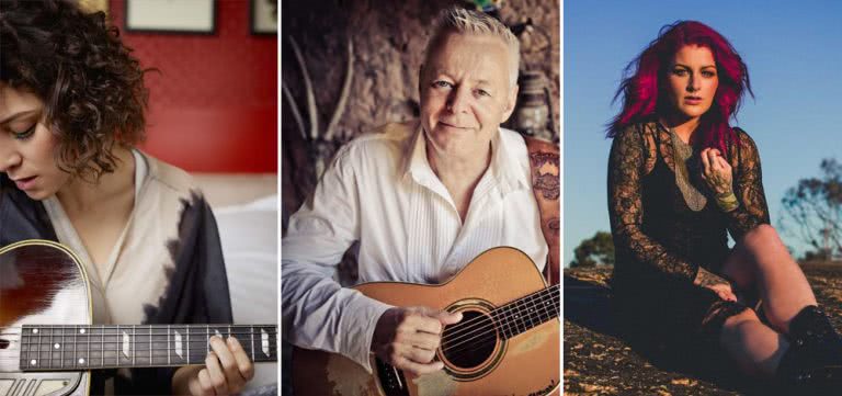 3 panel image of Tommy Emmanuel, Gaby Moreno, and Karise Eden, three artists performing at the Blues On Broadbeach festival next month