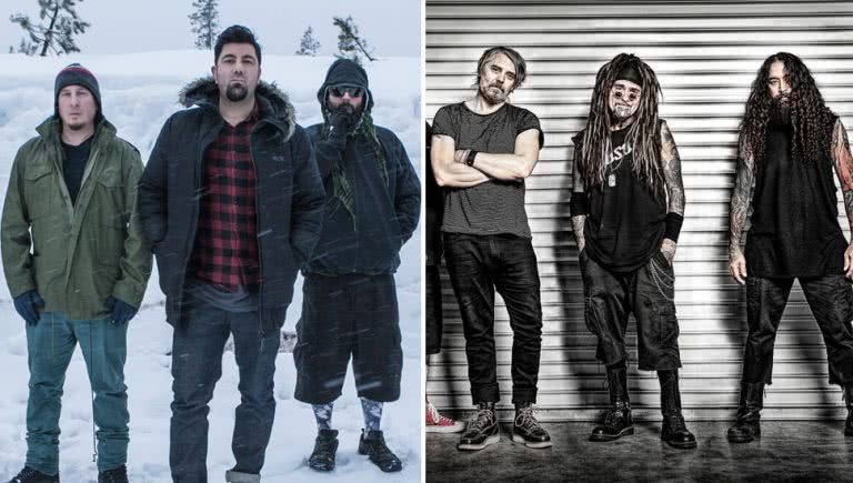 2 panel image of Deftones and Ministry, two artists performing Download Festival sideshows