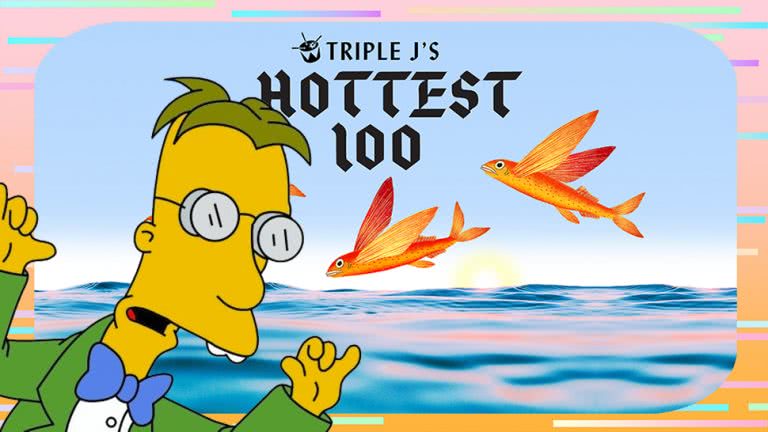 Image of the Hottest 100 artwork overlaid with a picture of The Simpsons' Professor Frink