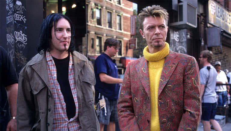 Image of Trent Reznor and David Bowie filming the 'I'm Afraid Of Americans' video clip