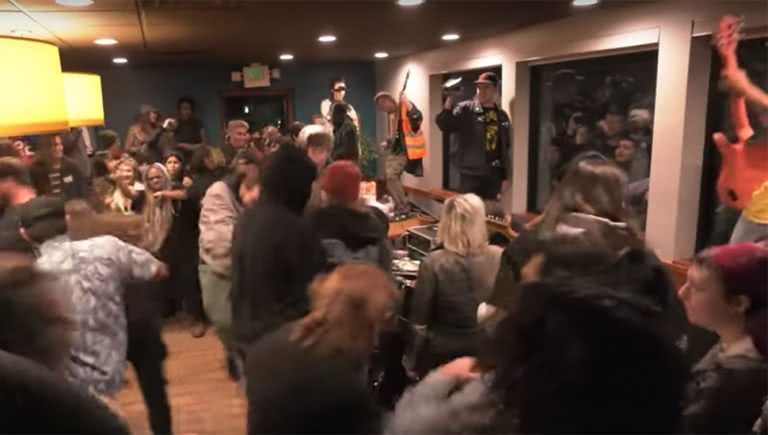 Image of US band Wacko performing at Denny's restaurant in the US