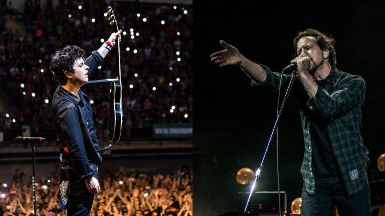 Billie Joe Armstrong of Green Day and Eddie Vedder perform live
