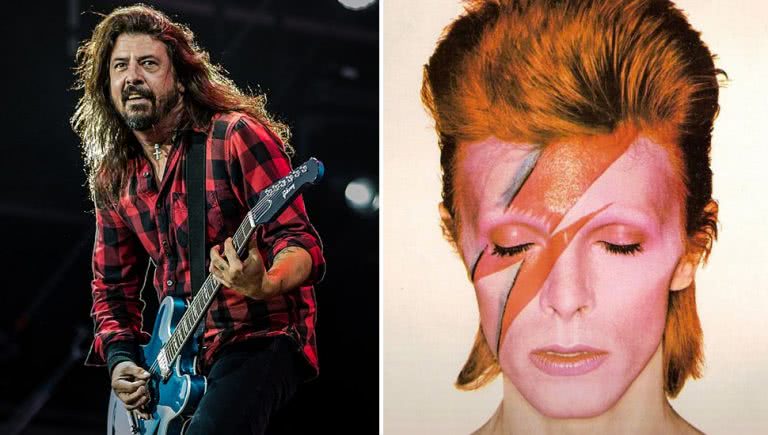 Split image of Foo Fighters' Dave Grohl and David Bowie.
