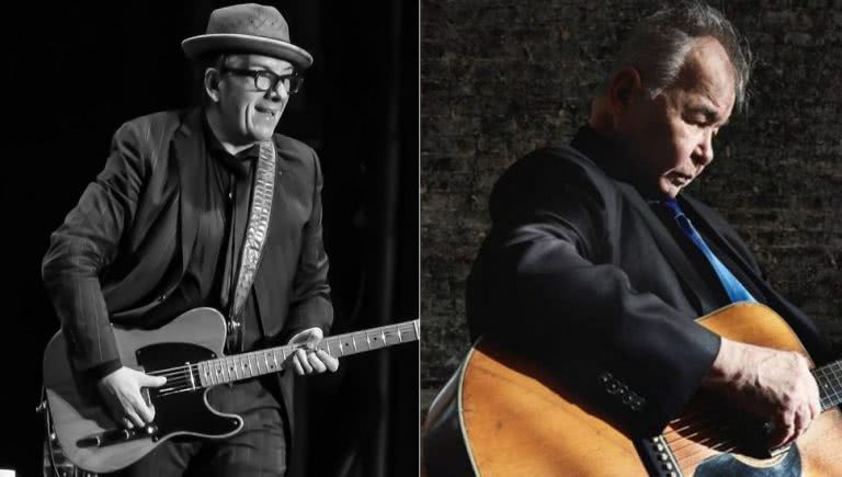 Double image of Elvis Costello and the late John Prine