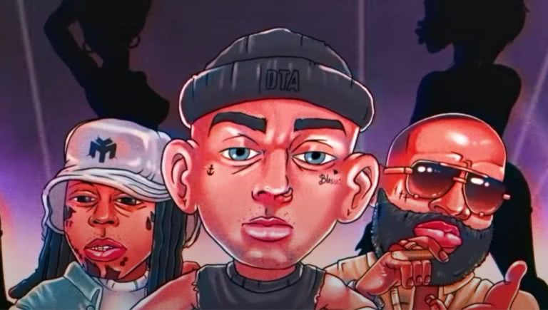Animated Travis Barker of Blink-182 alongside Lil Wayne and Rick Ross for DTA Records.