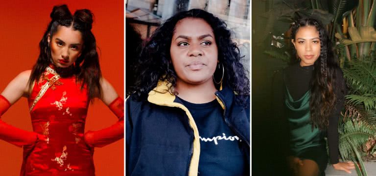 Three panel image of Jaguar Jonze, Miiesha, and Bianca Power, three Australian artists you can support right now