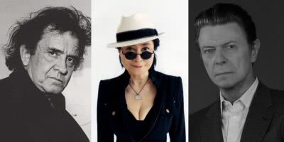 Triple image of Johnny Cash, David Bowie, and Ono for late-career albums