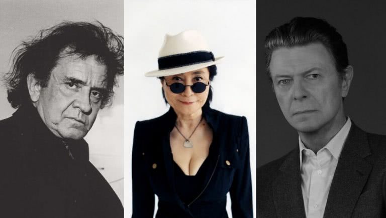 Triple image of Johnny Cash, David Bowie, and Ono for late-career albums