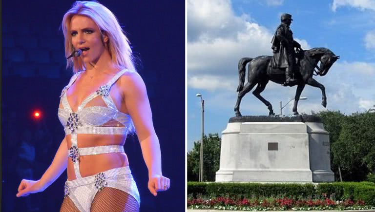 Split image of Britney Spears and a confederate statue in Louisiana.