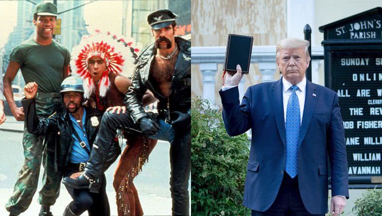 Photo of the Village People and Donald Trump holding a bible outside a church