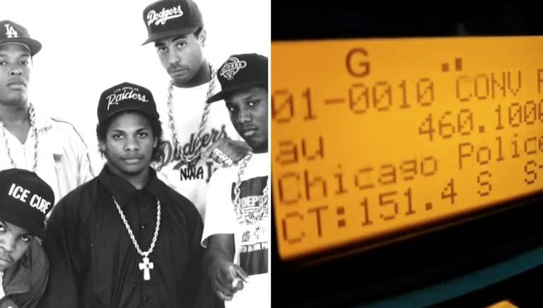 Dual image of Anonymous hacking Chicago police scanners with N.W.A.'s 'Fuck Tha Police'
