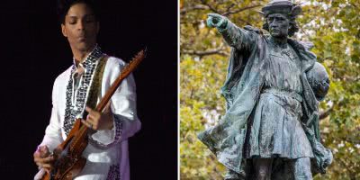 Split image of legendary musician Prince and Christopher Columbus.