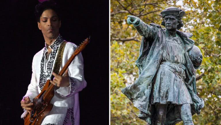 Split image of legendary musician Prince and Christopher Columbus.