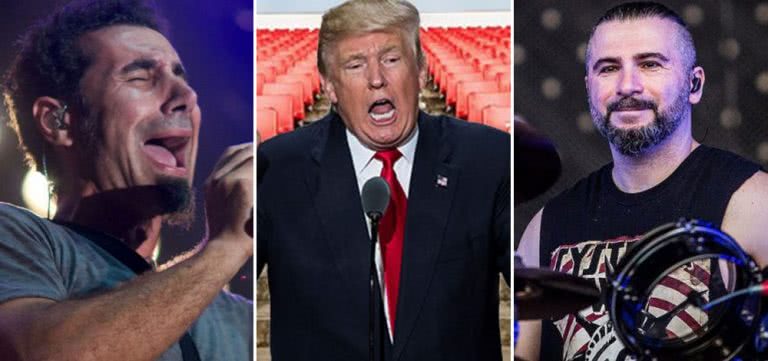 Triple image of System Of A Down members Serj Tankian and John Dolmayan with Donald Trump