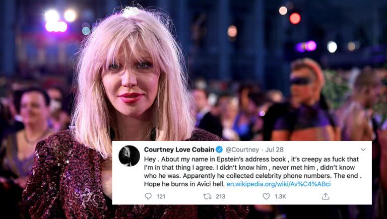 Custom image of Courtney Love with a tweet about Jeffrey Epstein.