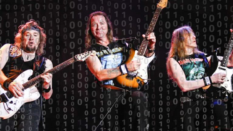 Heavy metal band Iron Maiden with code on top.
