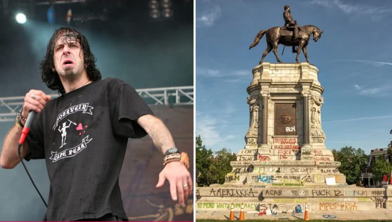 Split image of Lamb Of God frontman Randy Blythe and a defaced statue.