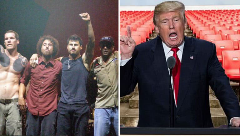 Split image of Rage Against The Machine and Donald Trump