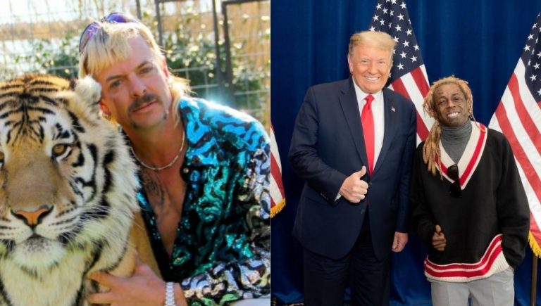 (Left) Joe Exotic posing with a Tiger, (Right) Donald Trump posing with Lil Wayne