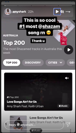 Amy Shark shares screenshot of being the most shazamed song in Australia