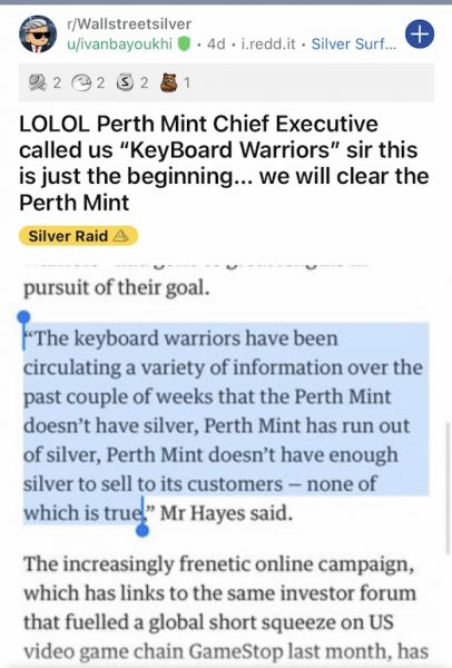 Reddit post about Perth Mint raid
