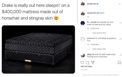 Drake sleeps on a bed that costs 400k