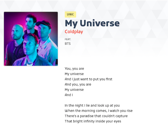 Lyrics crediting BTS and Coldplay