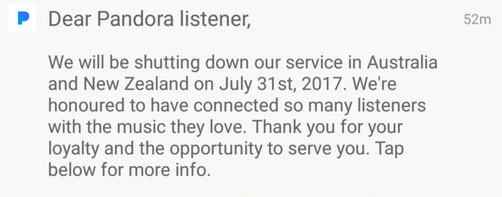 Pandora to exit Australia and New Zealand on July 31
